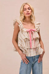 BiBi Floral Printed Woven Front Bow Tied Ruffled Square Neck Sleeveless Top - Trendsi - Flyclothing LLC