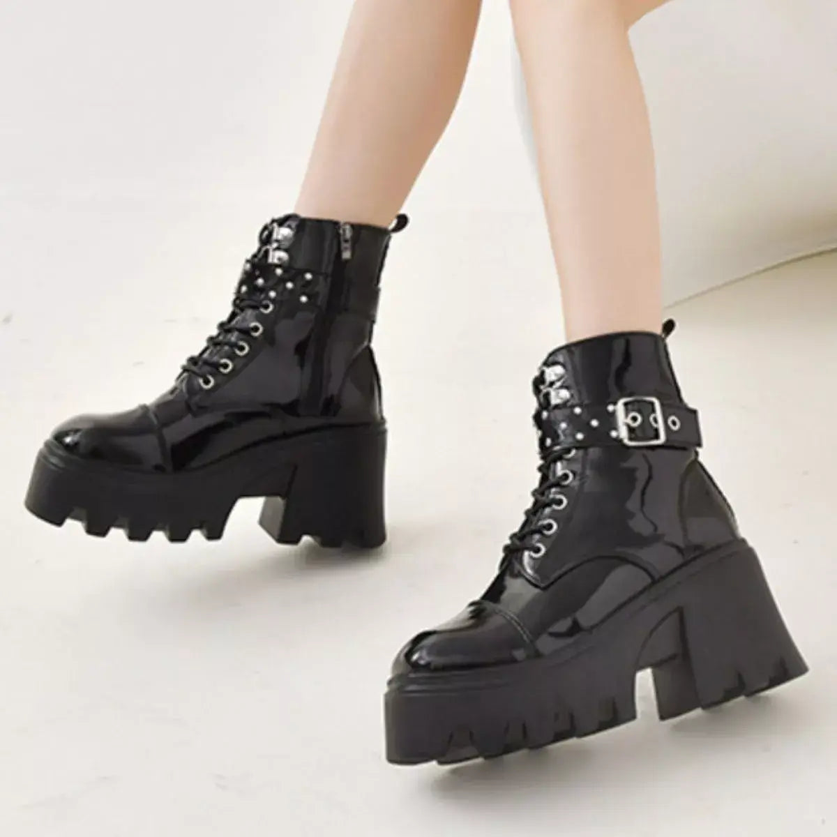 Platform Ankle Boots with Buckle and Studded Detail - Trendsi - Flyclothing LLC