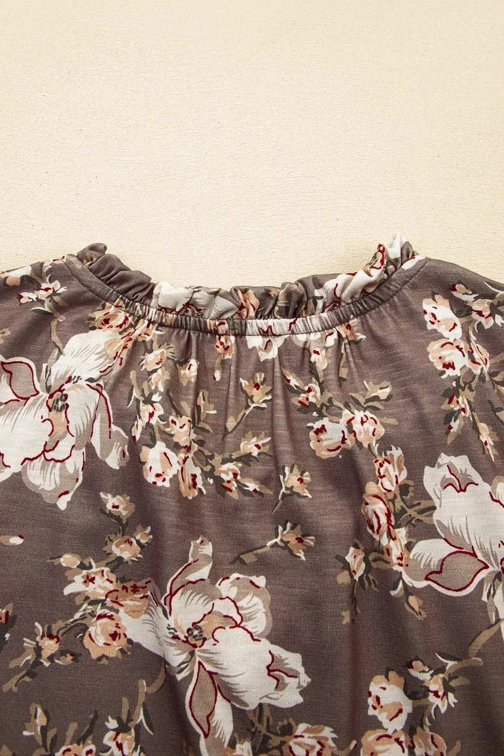 Floral Print Tassel Tie Split Neck Short Sleeve Blouse - Trendsi - Flyclothing LLC