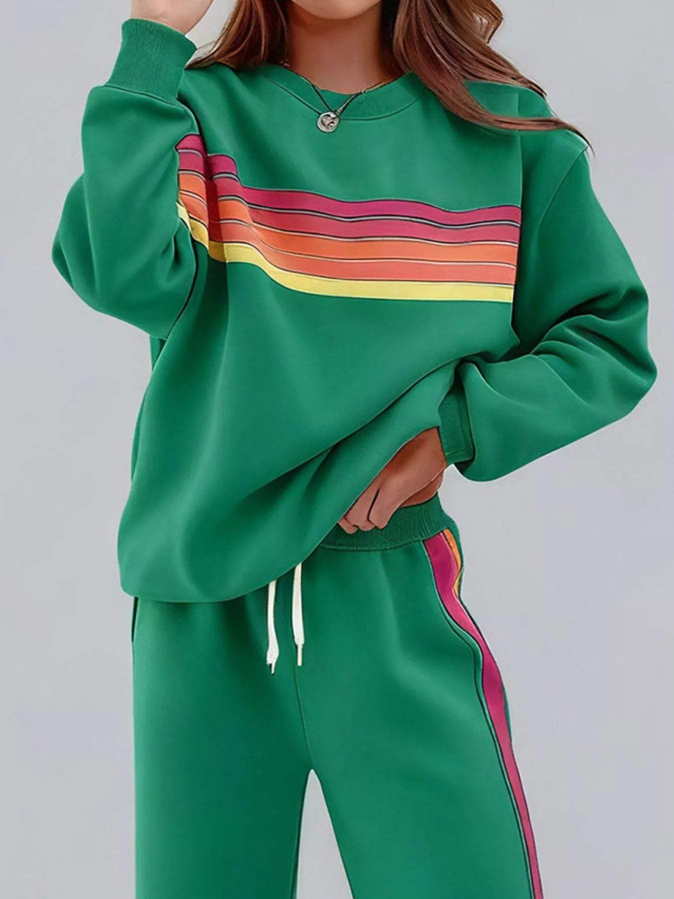 Striped Round Neck Sweatshirt and Pants Set - Trendsi - Flyclothing LLC