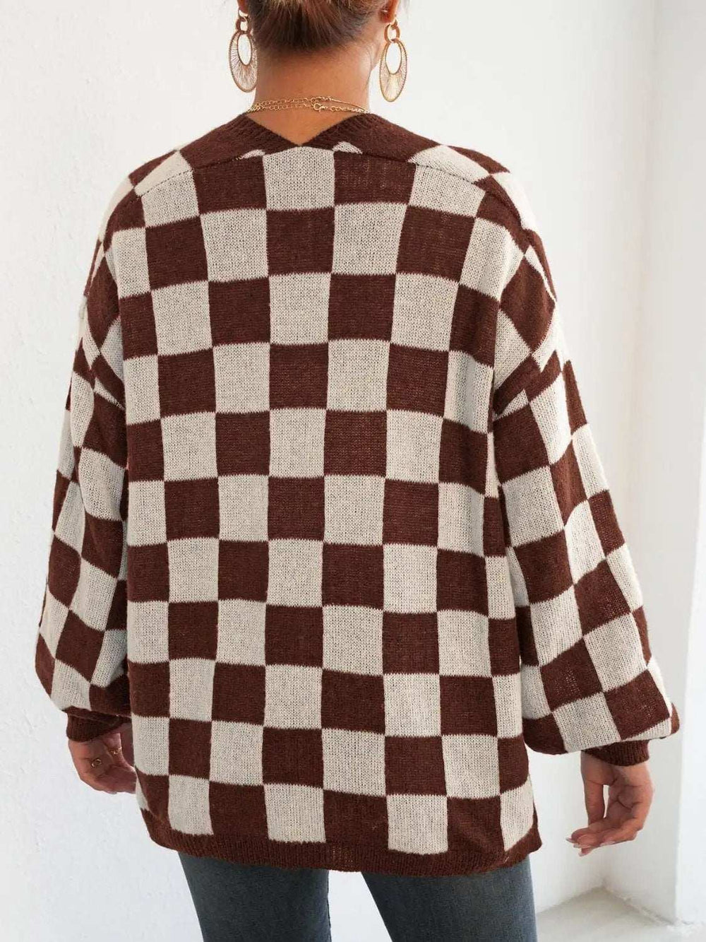 Checkered Open Front Long Sleeve Cardigan - Trendsi - Flyclothing LLC