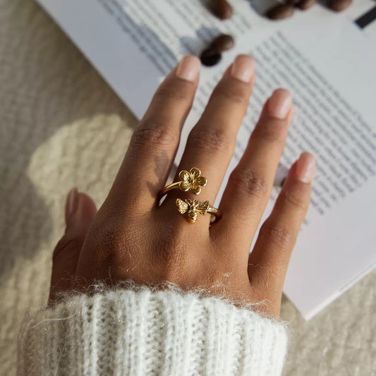 18K Gold-Plated Flower Bee Open Ring - Trendsi - Flyclothing LLC