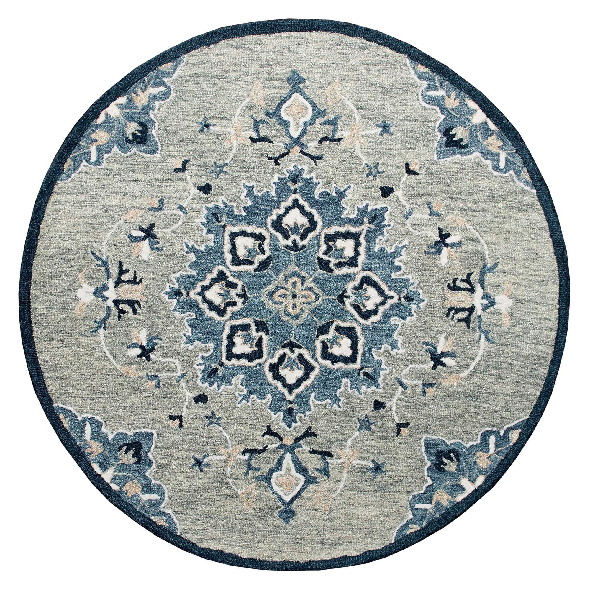 7' Blue And Gray Wool Medallion Hand Tufted Round Rug - Homeroots - Flyclothing LLC