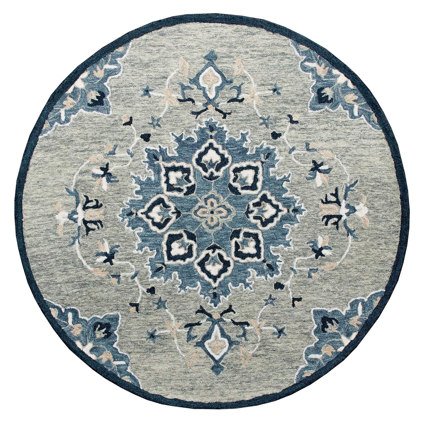 3' Blue And Gray Wool Medallion Hand Tufted Round Rug - Homeroots - Flyclothing LLC