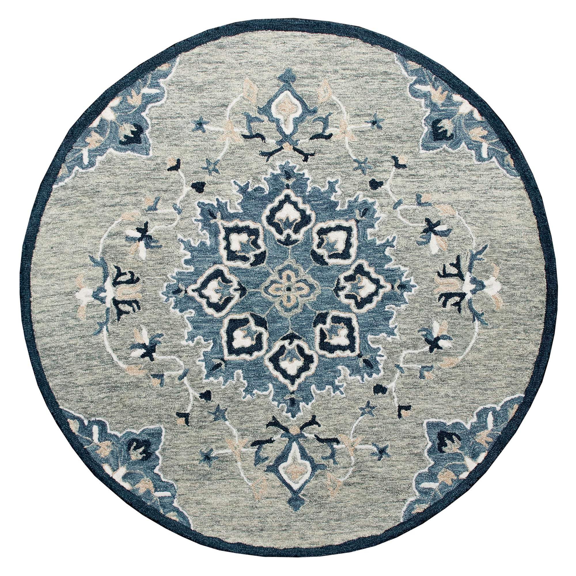 3' Blue And Gray Wool Medallion Hand Tufted Round Rug - Homeroots - Flyclothing LLC