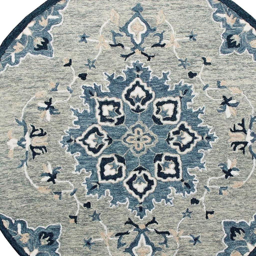3' Blue And Gray Wool Medallion Hand Tufted Round Rug - Homeroots - Flyclothing LLC