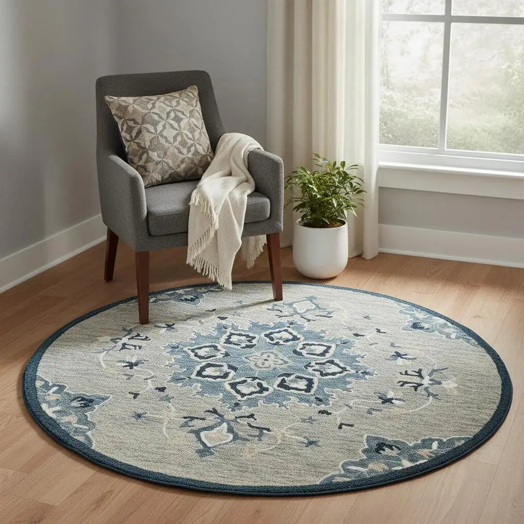 3' Blue And Gray Wool Medallion Hand Tufted Round Rug - Homeroots - Flyclothing LLC