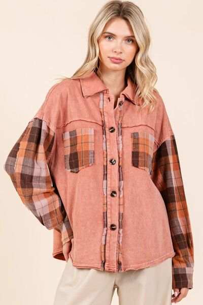 Mittoshop Button Down Contrast Plaid Patchwork Shacket - Trendsi - Flyclothing LLC