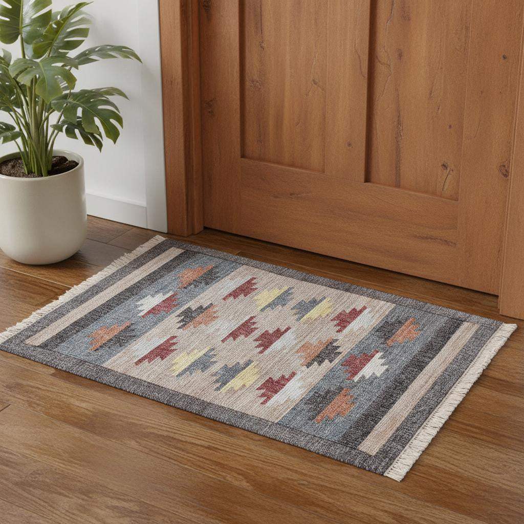 2' X 3' Blue Gray And Tan Tribal Hand Woven Area Rug With Fringe - Homeroots - Flyclothing LLC