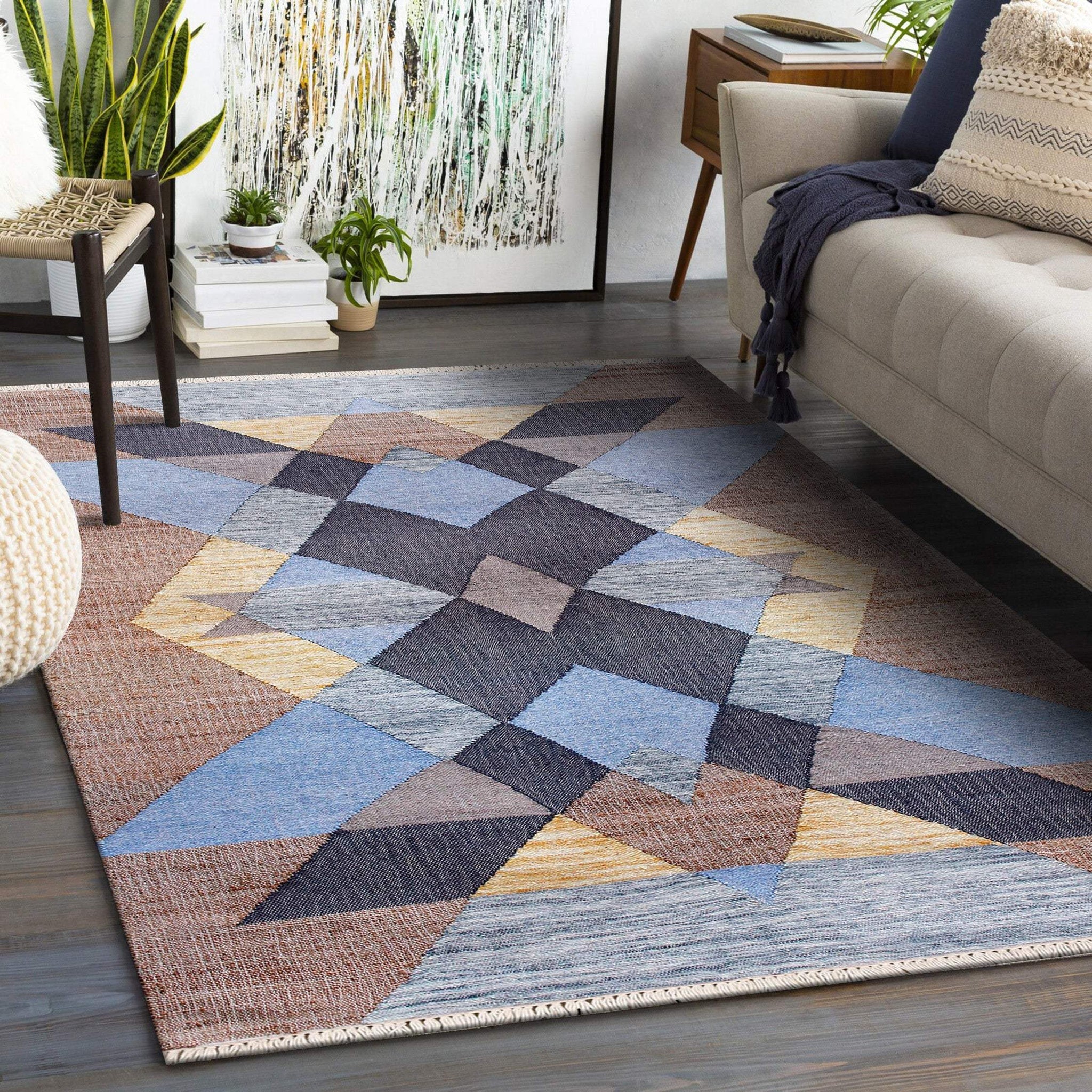 2' X 3' Blue Gray And Tan Geometric Hand Woven Area Rug With Fringe - Homeroots - Flyclothing LLC