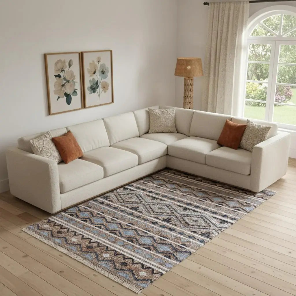 6' X 9' Blue Gray And Tan Geometric Hand Woven Area Rug With Fringe - Homeroots - Flyclothing LLC