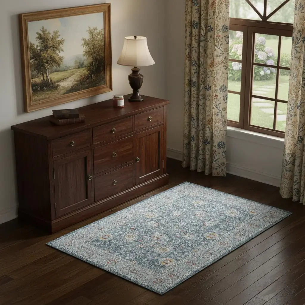 4' X 6' Blue And Ivory Floral Area Rug With UV Protection - Homeroots - Flyclothing LLC