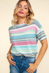 Haptics Waffle Stripe Short Sleeve T-Shirt - Trendsi