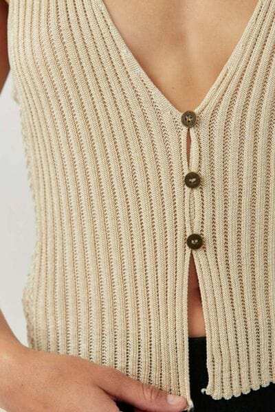 Button Down V-Neck Sweater Vest - Trendsi - Flyclothing LLC