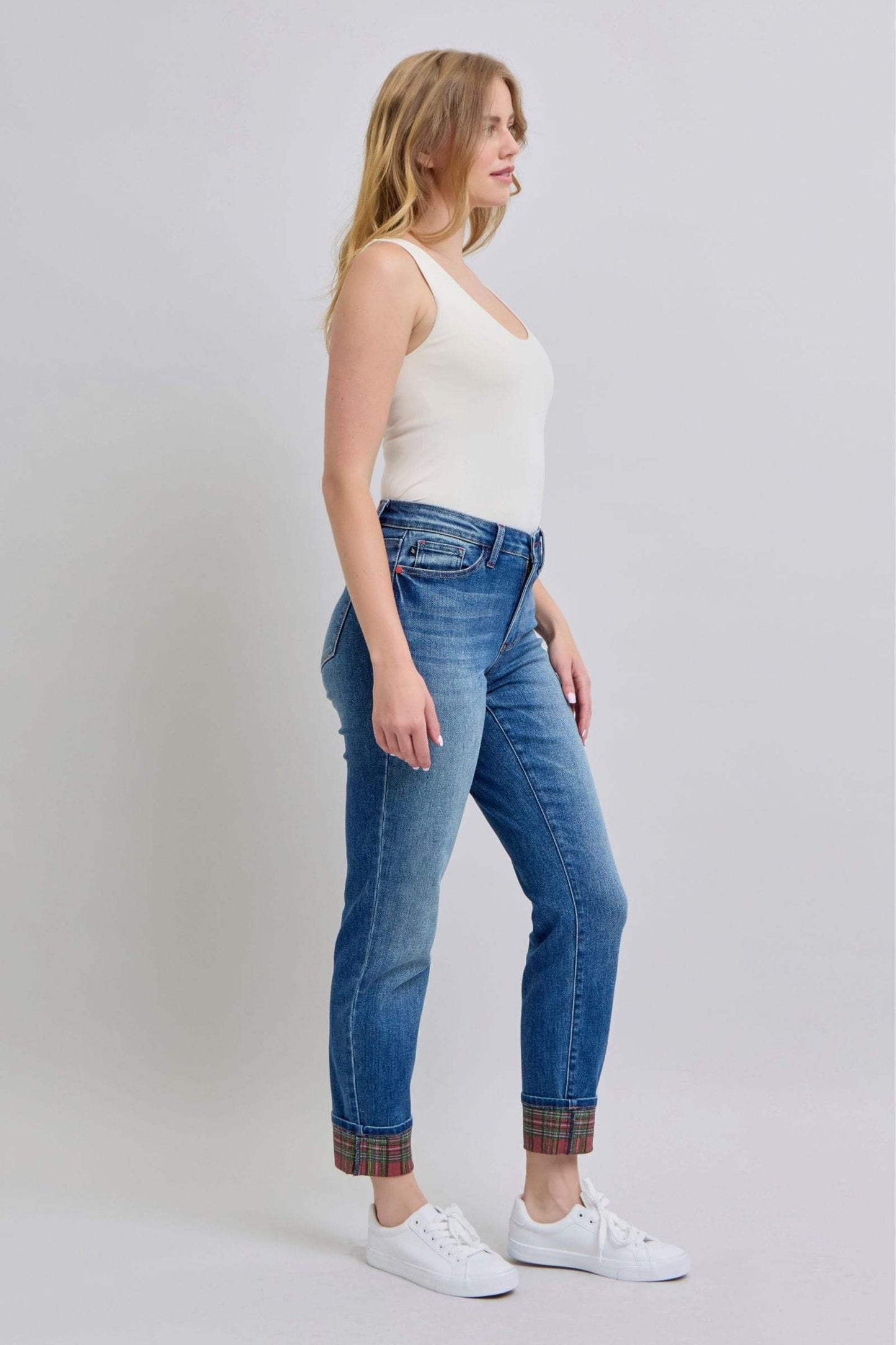 Judy Blue Full Size Plaid Print Cuff Straight Leg Jeans with Pockets - Trendsi - Flyclothing LLC