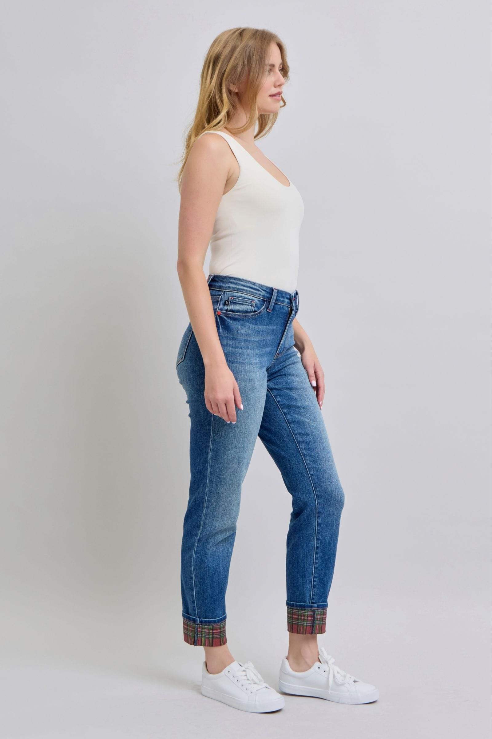 Judy Blue Full Size Plaid Print Cuff Straight Leg Jeans with Pockets - Trendsi - Flyclothing LLC
