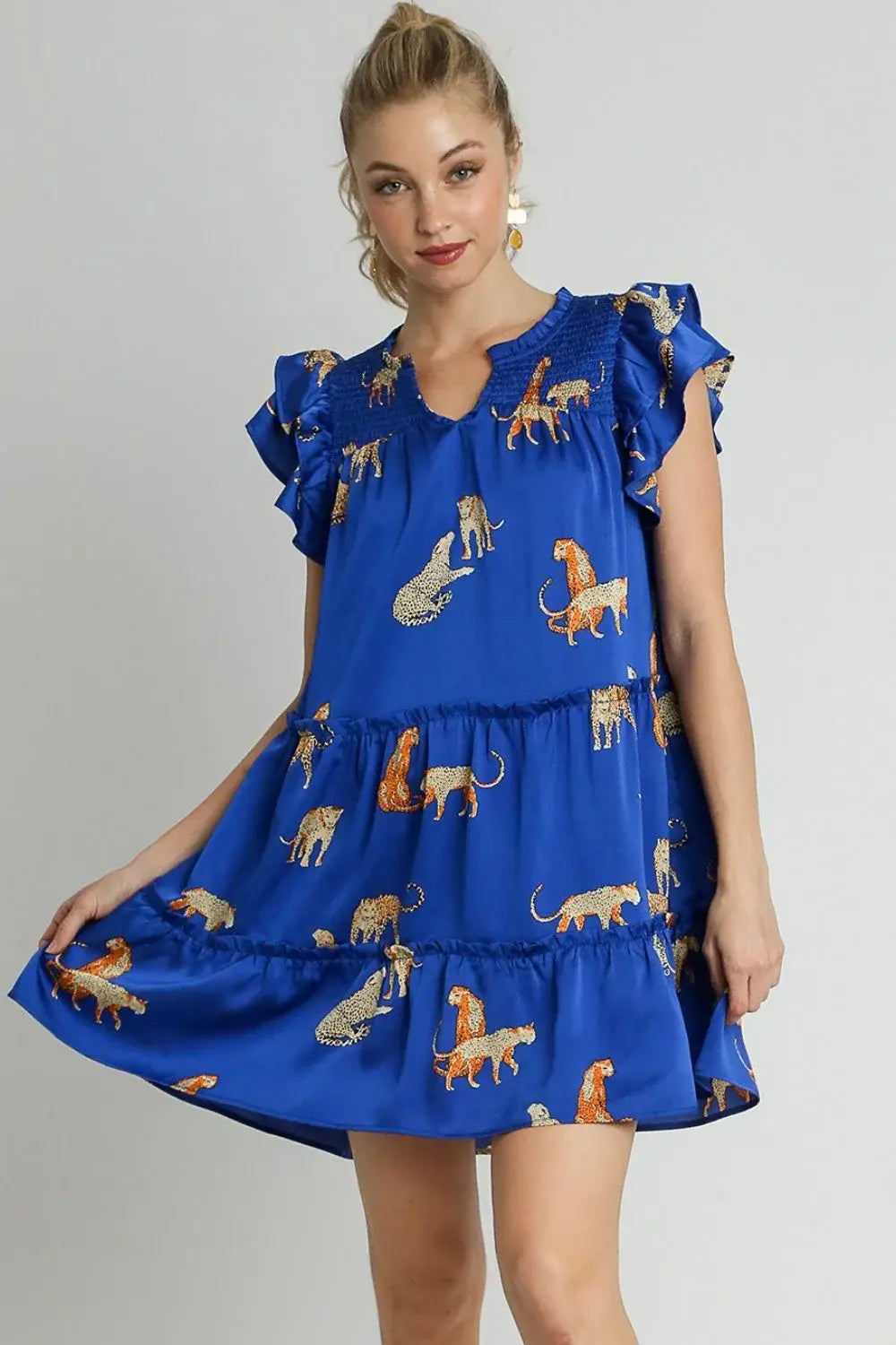 Umgee Full Size Cheetah Print Notched Ruffle Layered Cap Sleeve Mini Dress Plus Size - Trendsi - Flyclothing LLC