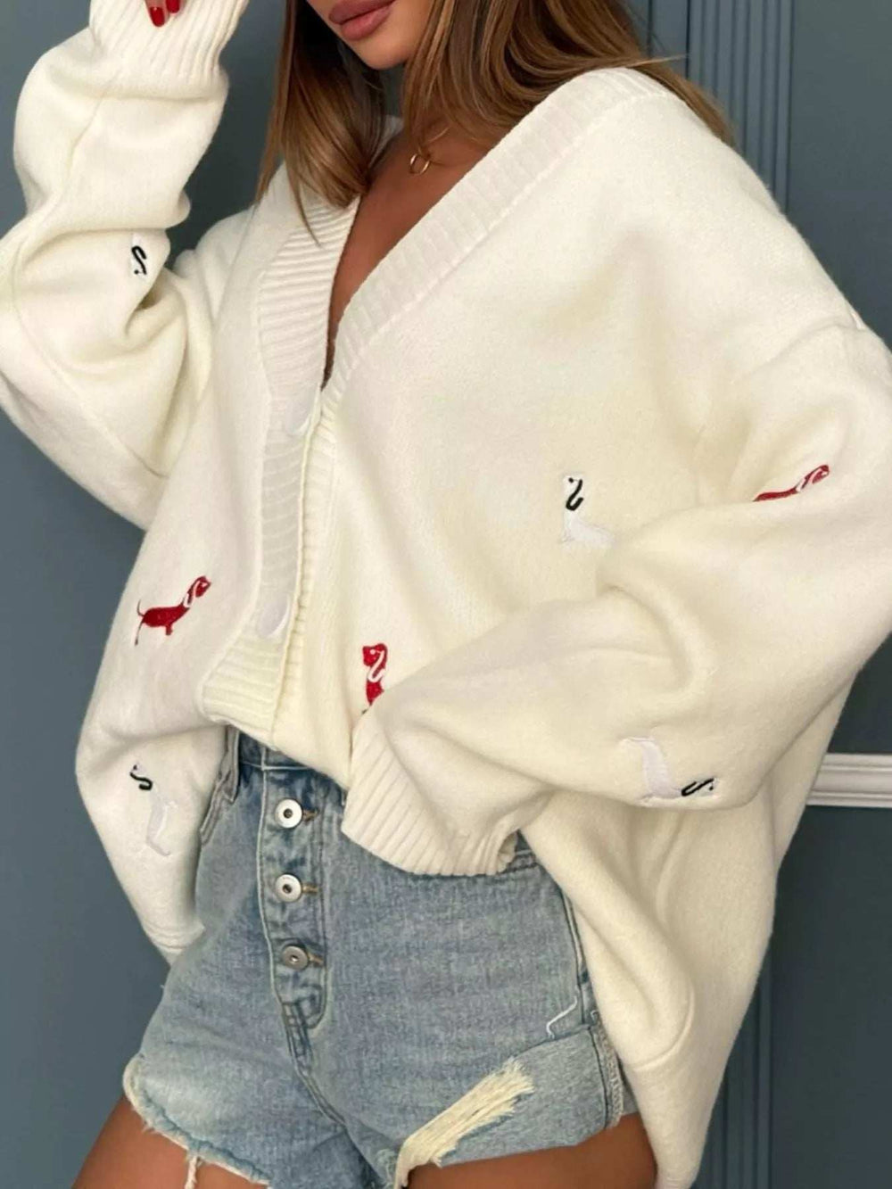 Embroidered Button Up Cardigan - Trendsi - Flyclothing LLC
