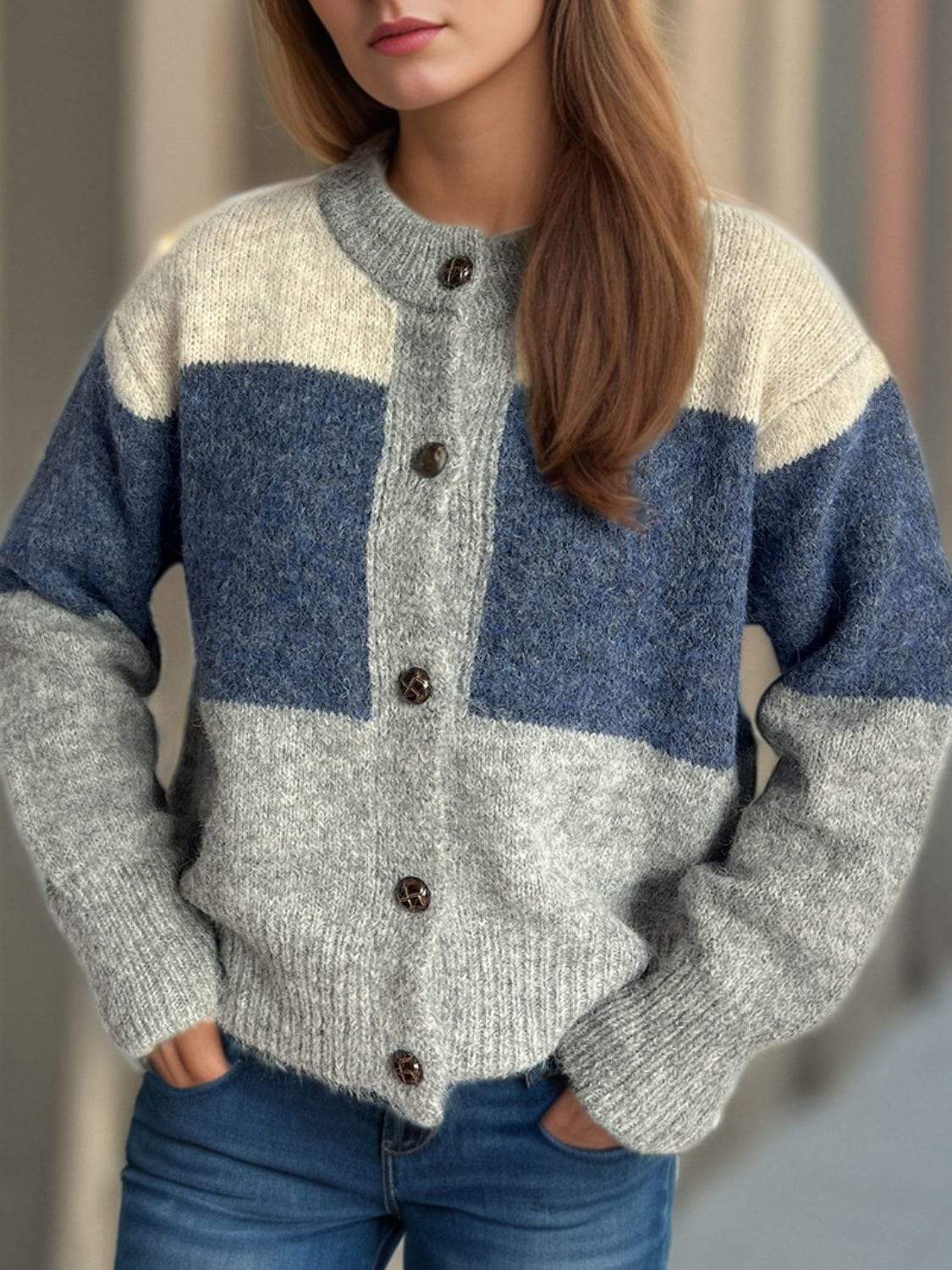 Color Block Round Neck Button Up Cardigan - Trendsi - Flyclothing LLC