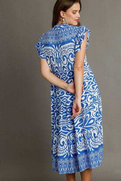Umgee Full Size Two Tone Border Print Ruffle Cap Sleeve Midi Dress Plus Size - Trendsi - Flyclothing LLC