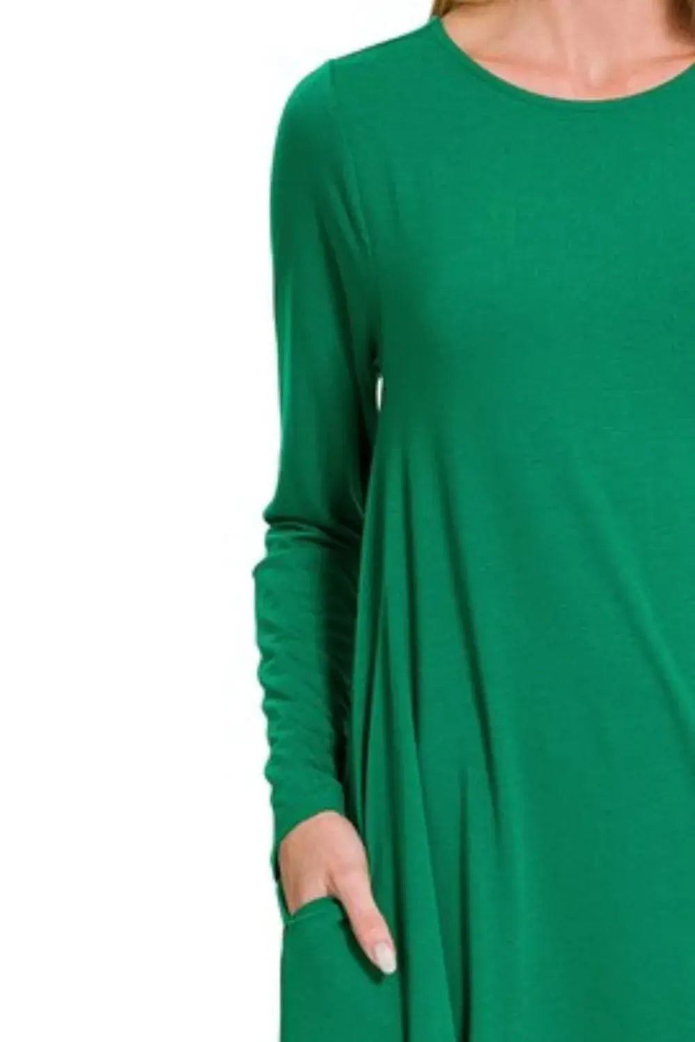 Zenana Long Sleeve Flare Dress With Pockets - Trendsi - Flyclothing LLC