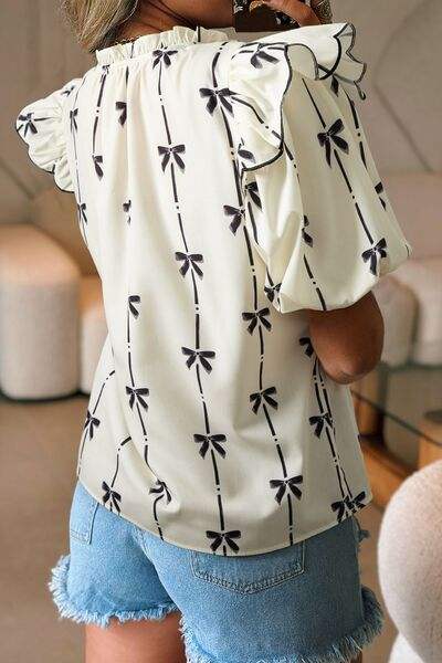Bow Print Tie Neck Short Sleeve Blouse - Trendsi - Flyclothing LLC