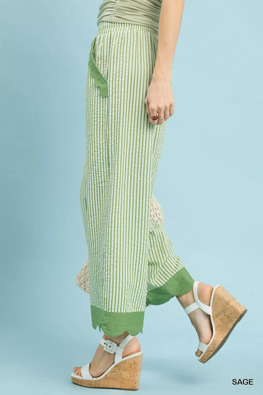Umgee Stripe Scallop Hem Wide Leg Pants - Trendsi - Flyclothing LLC