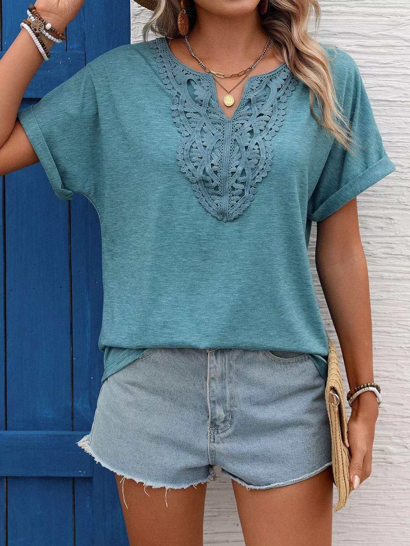 Lace Trim Short Sleeve T-Shirt - Trendsi - Flyclothing LLC