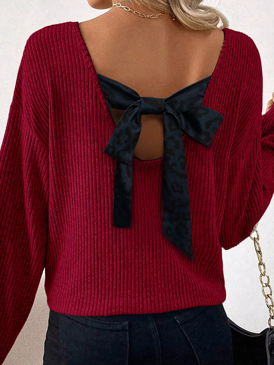 Ribbed V Neck Contrast Ribbon Bow Back Drop Shoulder Long Sleeve Top - Trendsi - Flyclothing LLC