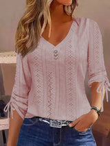 Full Size V-Neck Eyelet Drawstring Sleeve Top Plus Size - Trendsi - Flyclothing LLC