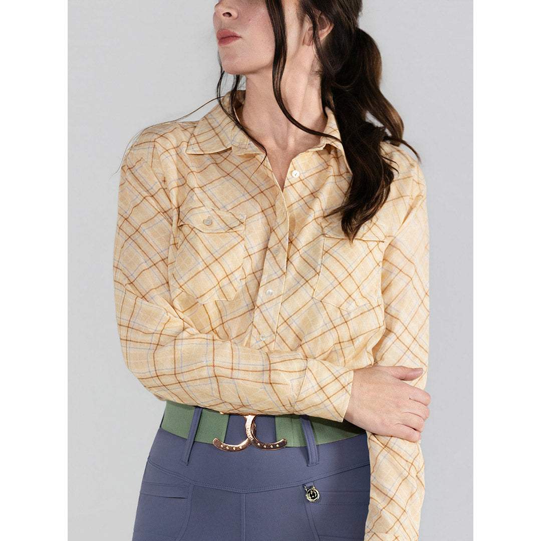 Dapplebay Spring Plaid Breezy Button Up Top-Tan - Breeches.com - Flyclothing LLC