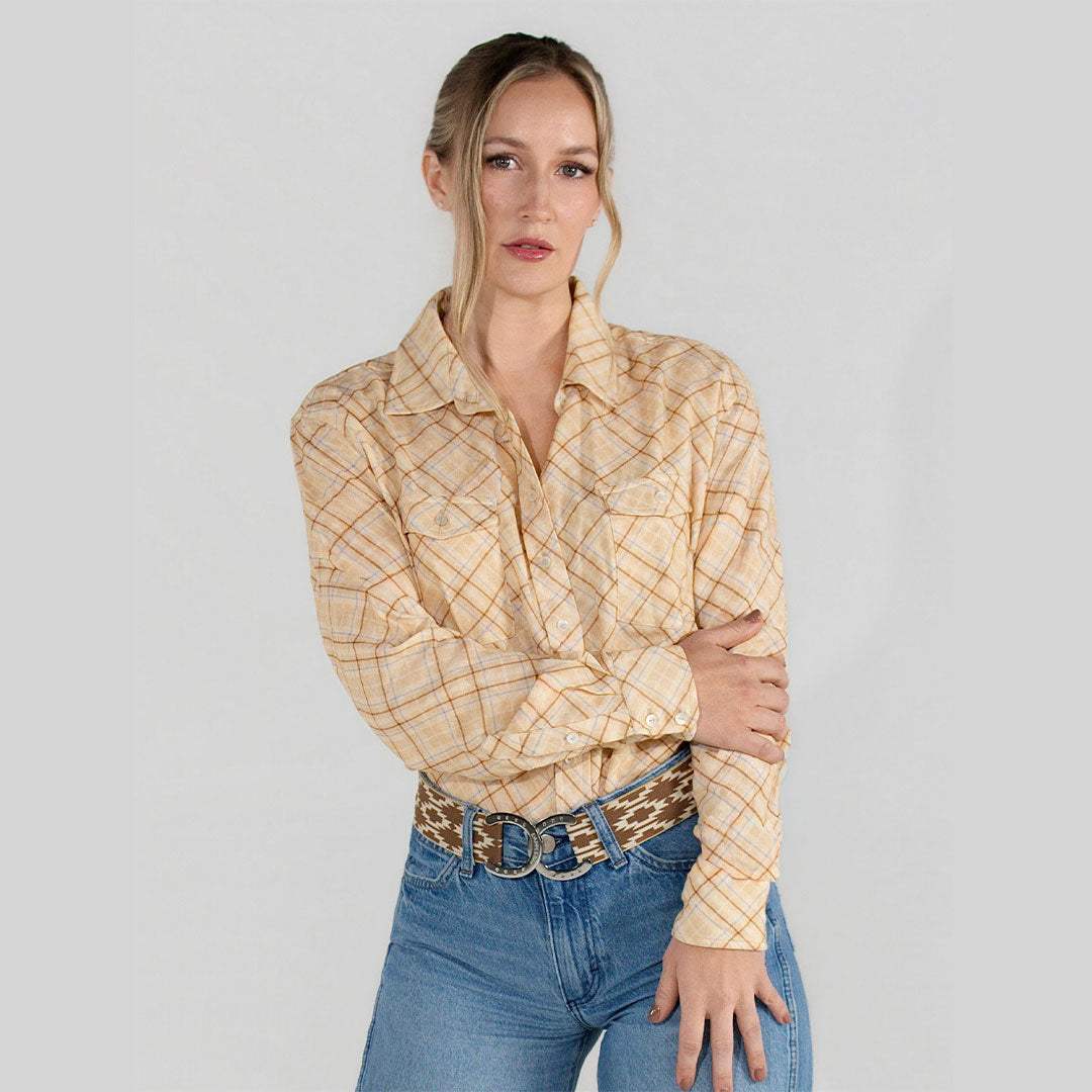 Dapplebay Spring Plaid Breezy Button Up Top-Tan - Breeches.com - Flyclothing LLC
