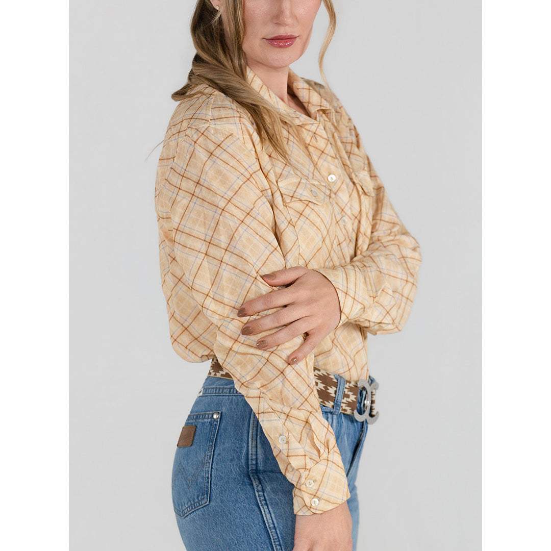 Dapplebay Spring Plaid Breezy Button Up Top-Tan - Breeches.com - Flyclothing LLC