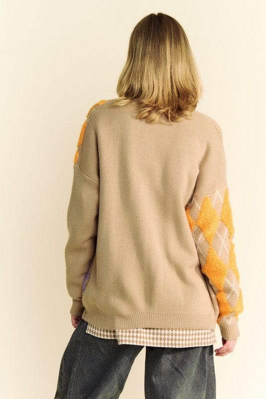 Davi & Dani Argyle V-Neck Dropped Shoulder Cardigan - Trendsi - Flyclothing LLC