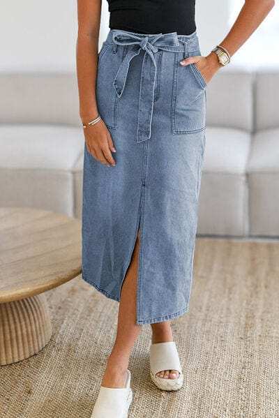 Tied Slit Denim Skirt - Trendsi - Flyclothing LLC