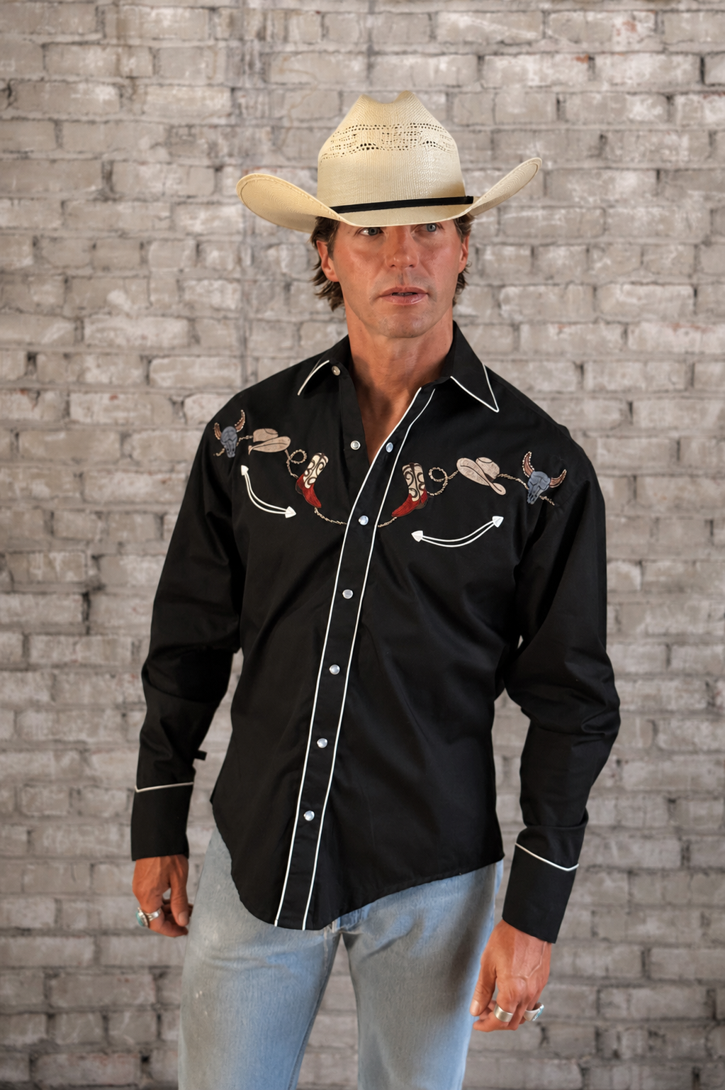 Rockmount Ranch Wear Men's Black Boot, Hat & Skull Embroidered Western Shirt - Rockmount Clothing - Flyclothing LLC