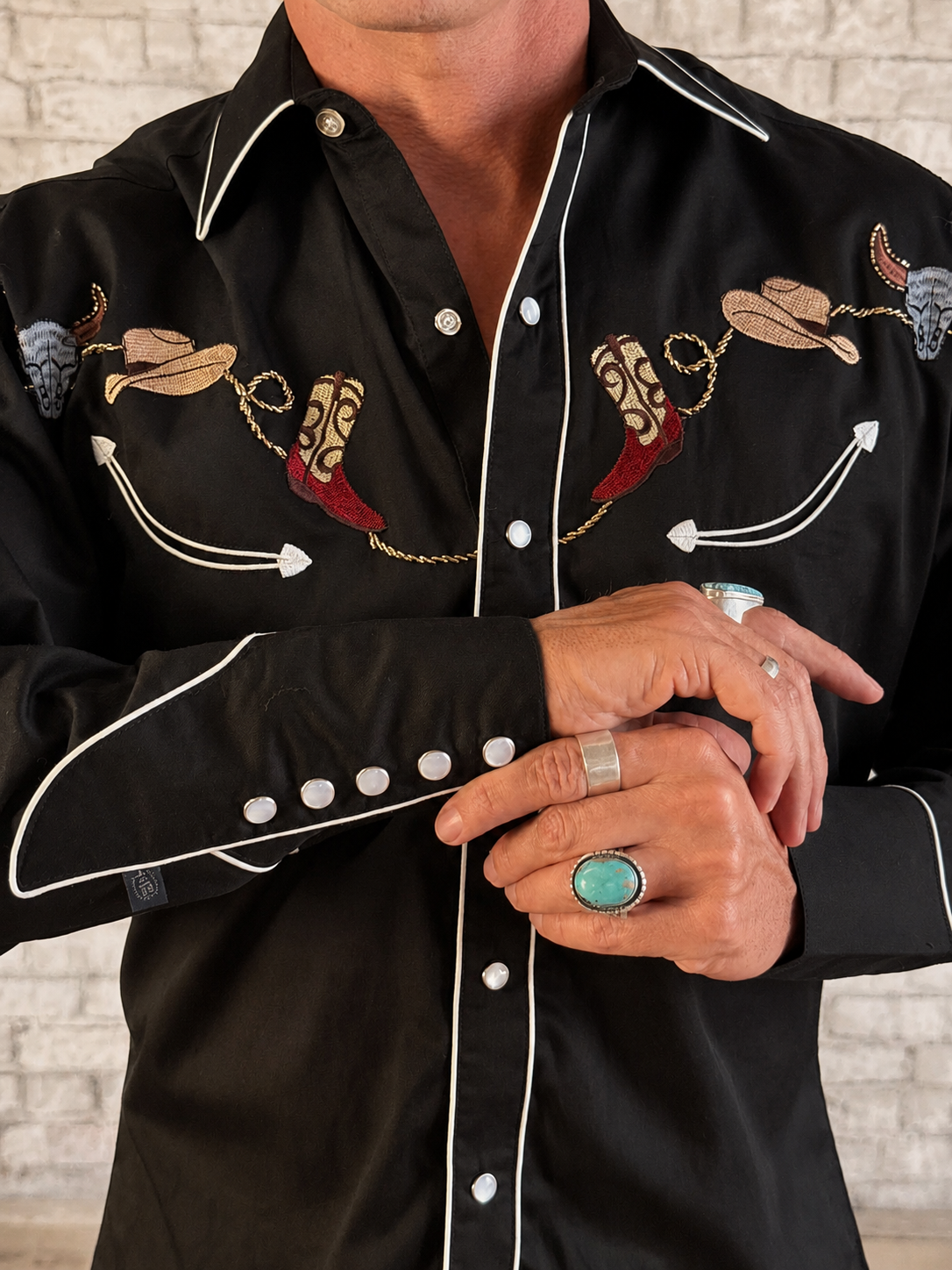 Rockmount Ranch Wear Men's Black Boot, Hat & Skull Embroidered Western Shirt - Rockmount Clothing - Flyclothing LLC