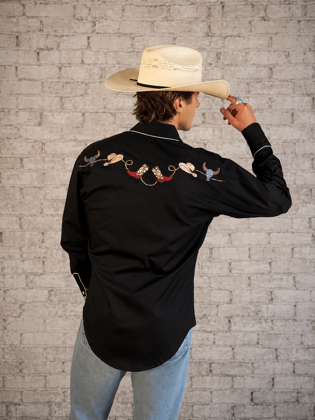 Rockmount Ranch Wear Men's Black Boot, Hat & Skull Embroidered Western Shirt - Rockmount Clothing - Flyclothing LLC