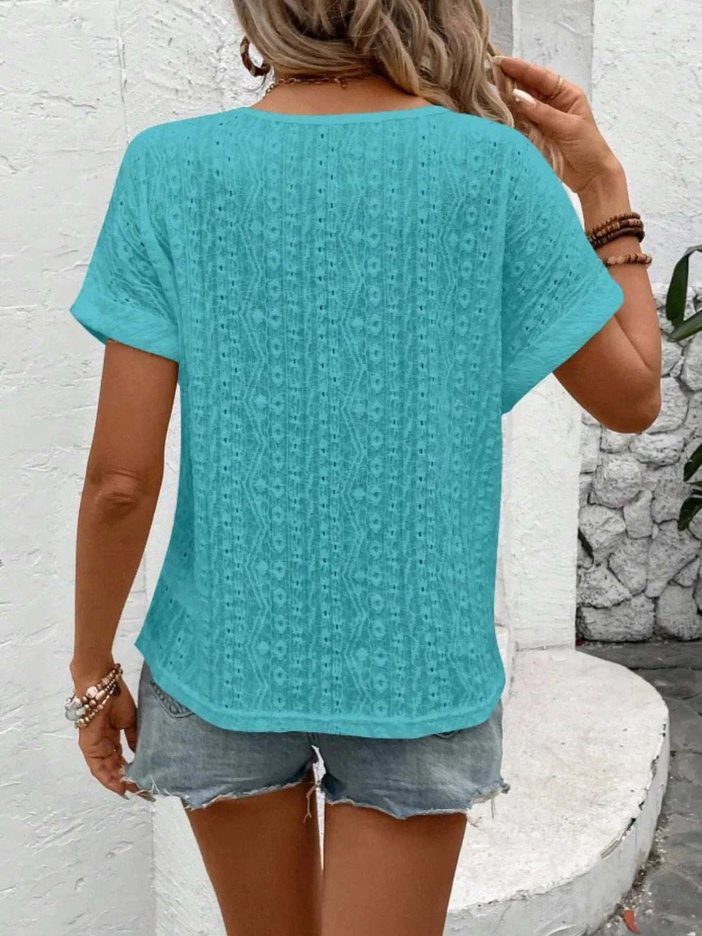 Eyelet Round Neck Short Sleeve Top - Trendsi - Flyclothing LLC