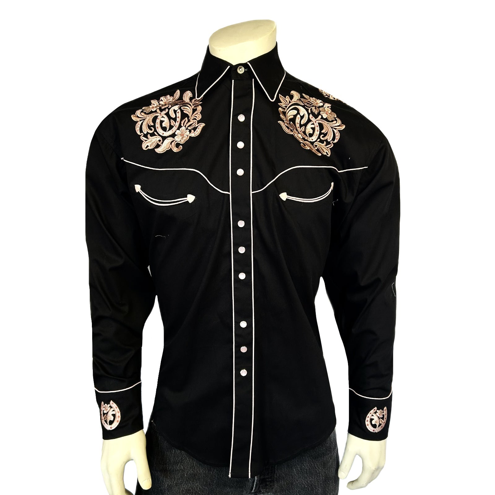 Rockmount Ranch Wear Men's Black with Brown Floral Horseshoe Embroidered Western Shirt - Rockmount Clothing - Flyclothing LLC