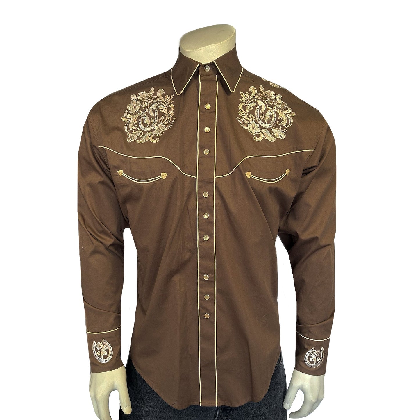 Rockmount Ranch Wear Men's Brown with Tan Floral Horseshoe Embroidered Western Shirt - Rockmount Clothing - Flyclothing LLC