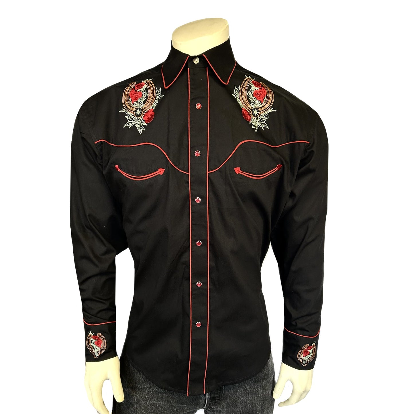 Rockmount Ranch Wear Men's Black Floral & Horseshoe Embroidered Western Shirt - Rockmount Clothing - Flyclothing LLC