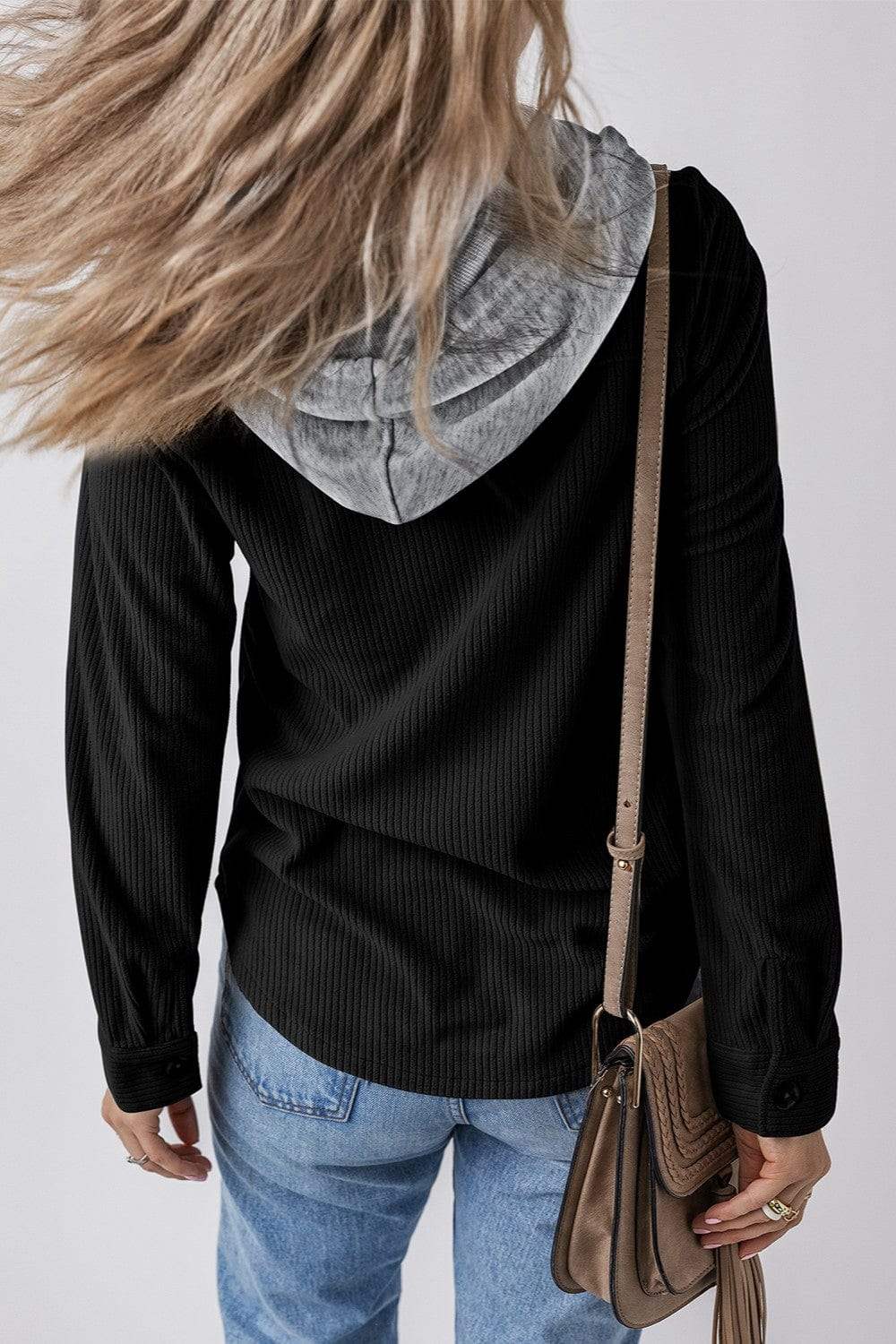 Drawstring Button Up Long Sleeve Hooded Jacket - Trendsi - Flyclothing LLC