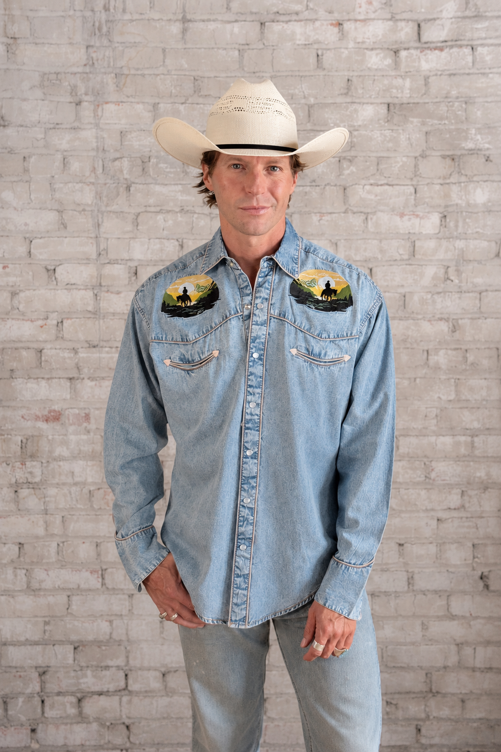 Rockmount Ranch Wear Men's Denim Cowboy Sunset Embroidery Western Shirt - Rockmount Clothing - Flyclothing LLC