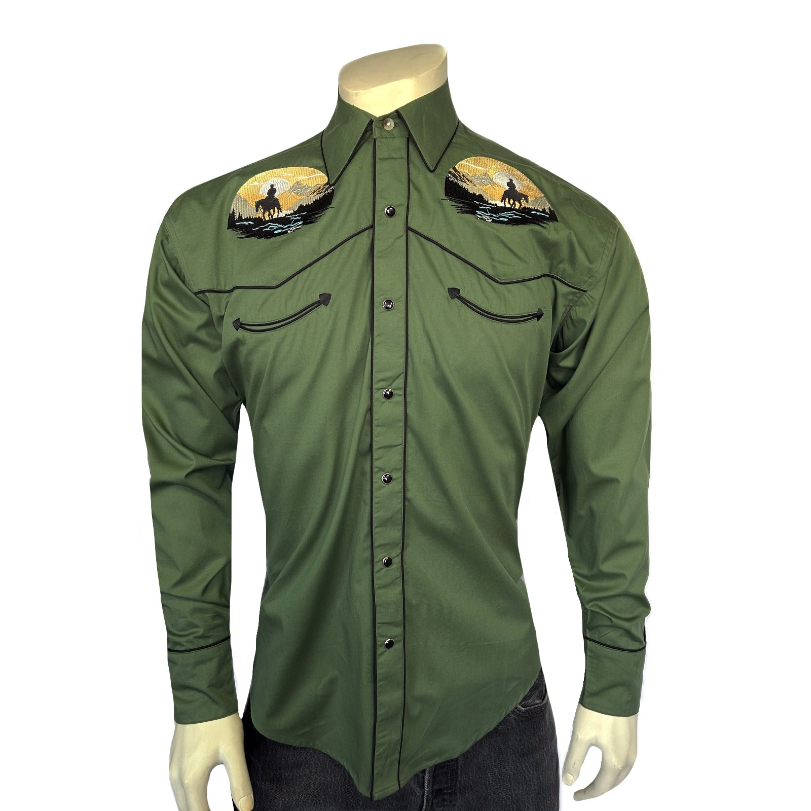 Rockmount Ranch Wear Men's Green Cowboy Sunset Embroidered Western Shirt - Rockmount Clothing - Flyclothing LLC