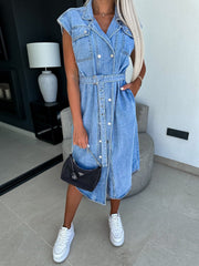 Collared Neck Cap Sleeve Denim Dress - Trendsi