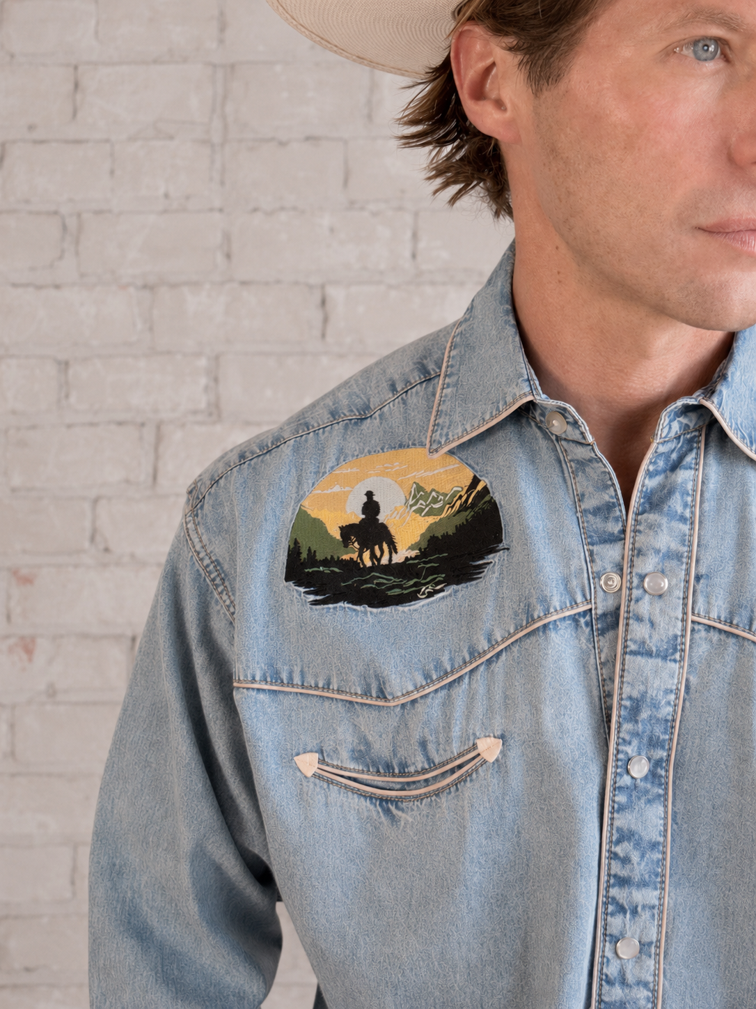 Rockmount Ranch Wear Men's Denim Cowboy Sunset Embroidery Western Shirt - Rockmount Clothing - Flyclothing LLC