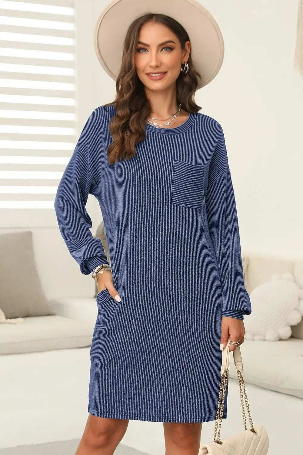 Striped Round Neck Long Sleeve Mini Dress - Trendsi - Flyclothing LLC