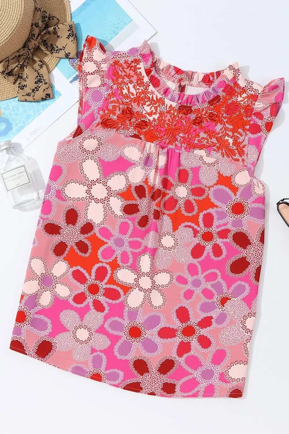 Embroidered Detail Floral Ruffle Cap Sleeve Blouse - Trendsi - Flyclothing LLC