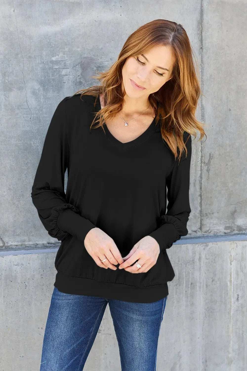 Basic Bae Full Size V-Neck Lantern Sleeve Top - Trendsi - Flyclothing LLC